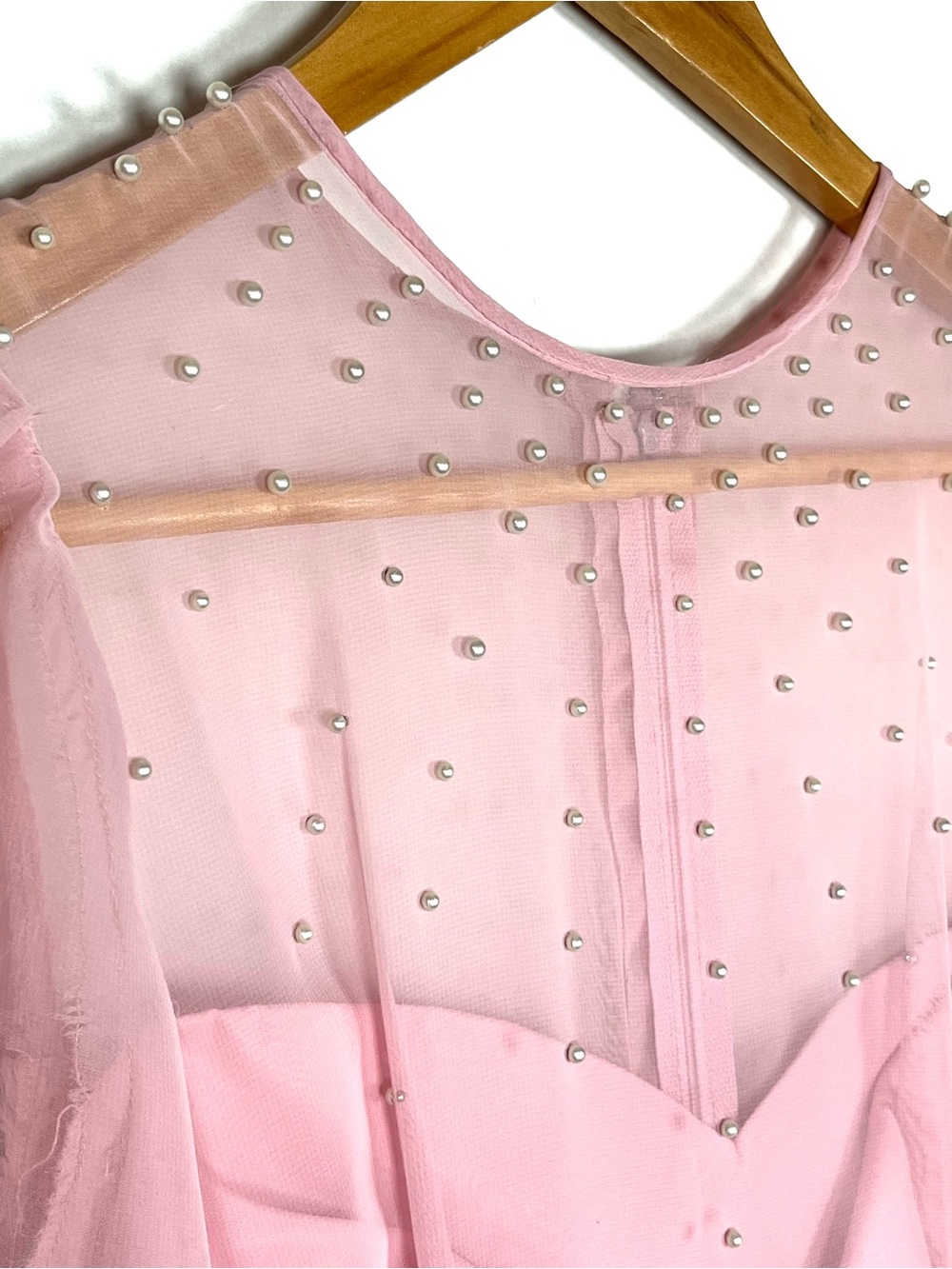 Elegant 1970s Pink Long-Sleeve Evening Dress with Sheer Yoke - Picture 6 of 15